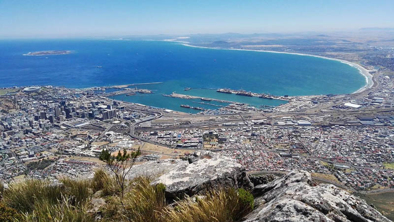 The view looking out over Table Bay and Robben Island The view looking out over Table Bay and Robben Island